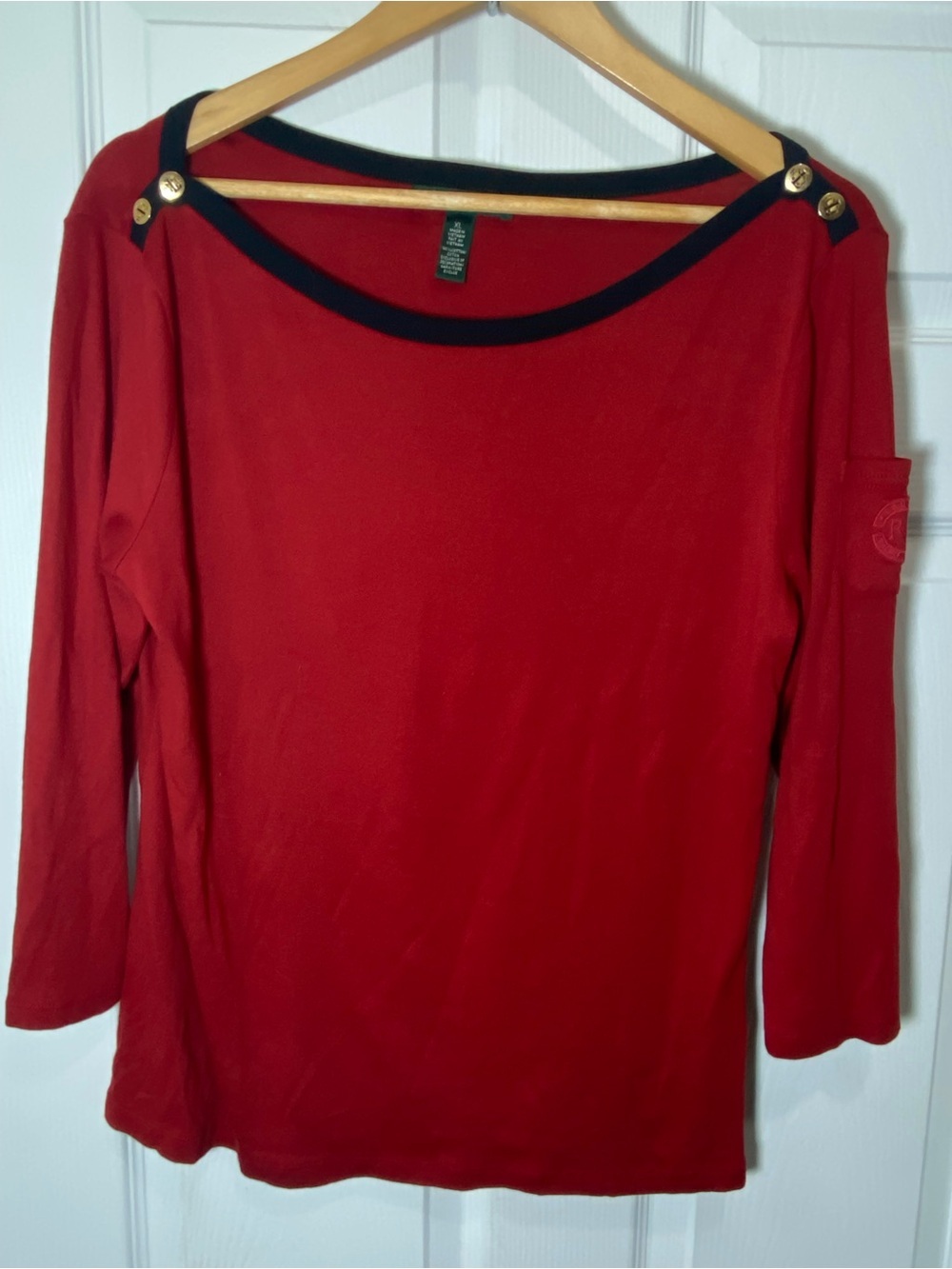 Lauren Ralph Lauren Nautical Red Crewneck Sweater with Navy Trim & Gold Buttons